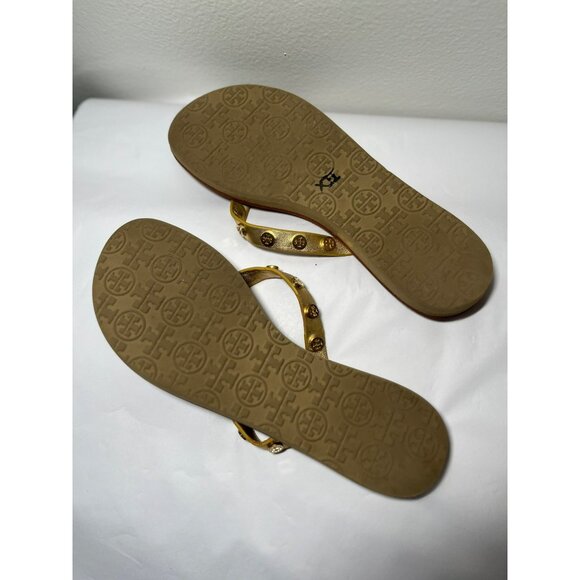 Tory‎ Burch Ricki Logo Studded Gold Leather Flat Thong Flip Flops Sandals Size 6 - Picture 6 of 10